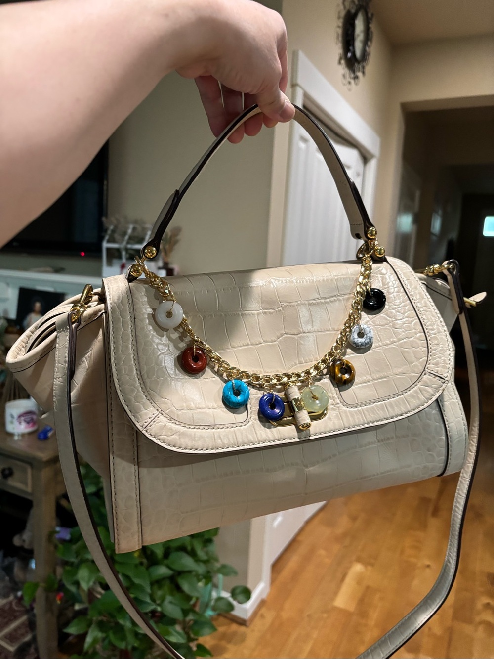 Multicolor Simulated Gemstones Bag Charm in Gold Chain
